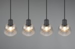Lampa wisząca Tarifa z czterema kloszami E27, w kolorze czarnym. Klosze mają przezroczystą teksturę z pionowymi żłobieniami, zawieszone na cienkich czarnych linkach. Ujęcie frontalne, na jednolitym tle.