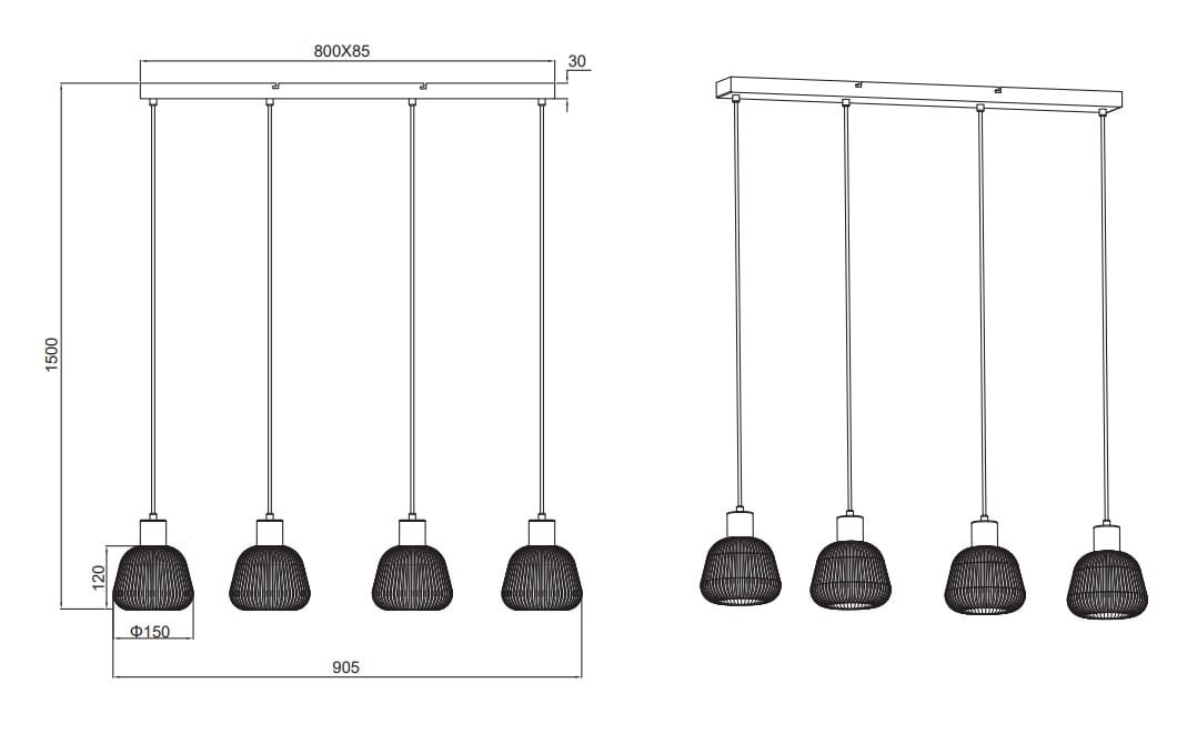Czarna lampa wisząca Tarifa z czterema kloszami E27. Klosze mają okrągły kształt i teksturowaną powierzchnię. Zawieszona na cienkich linkach, umocowana na prostokątnym stelażu. Wymiary: długość 905 mm, wysokość 1500 mm.