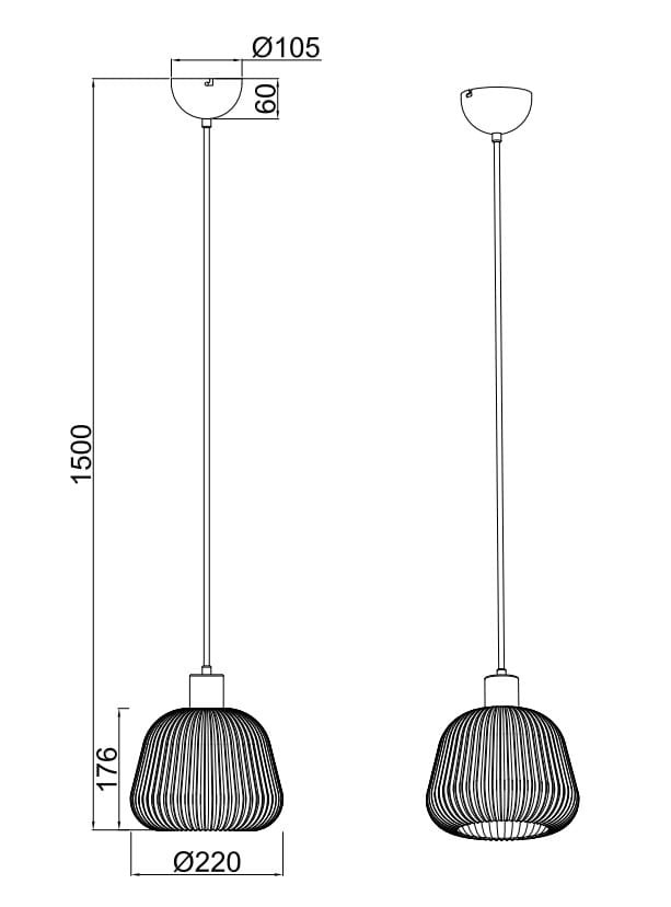 Lampa wisząca Tarifa 1xE27 w kolorze czarnym, o kształcie klosza z cienkimi żeberkami. Wymiary: średnica klosza 220 mm, długość całkowita 1500 mm. Montaż sufitowy, elegancki design, idealna do nowoczesnych wnętrz.