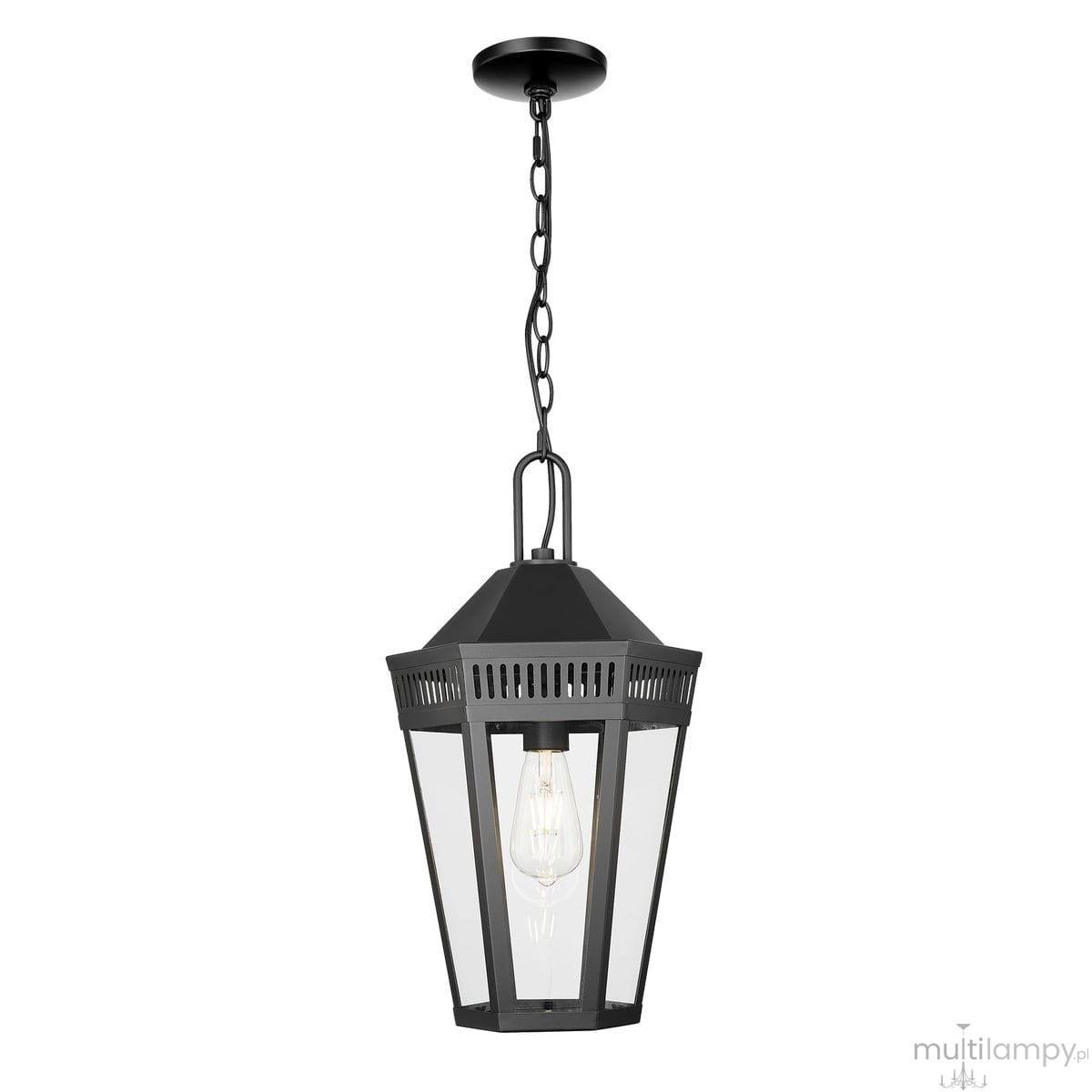 Czarna lampa wisząca Funchal z metalowym kloszem w kształcie sześciokąta, z przezroczystymi ściankami. Zawieszona na łańcuchu, z oprawką E27, idealna do przestrzeni ogrodowych. Kąt ujęcia: frontalny.
