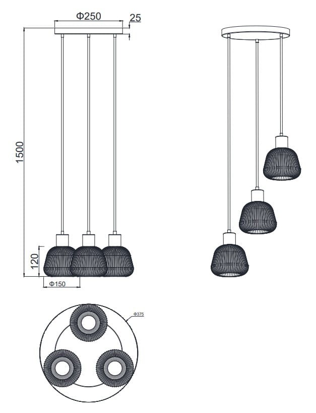 Lampa wisząca Tarifa 3xE27 w kolorze czarnym, z trzema kloszami w kształcie siatki, zawieszona na trzech cienkich linkach. Wymiary: wysokość 150 cm, średnica kloszy 15 cm, średnica podsufitki 25 cm. Prosta, nowoczesna forma.