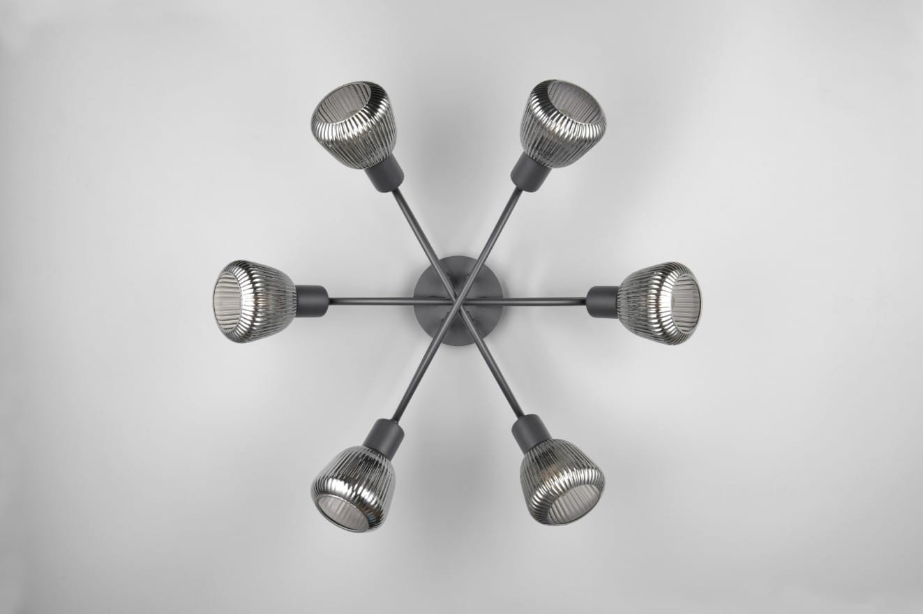 Lampa sufitowa Tarifa z sześcioma źródłami światła E14 w czarnej obudowie. Prosty, nowoczesny design z metalowymi ramionami, rozmieszczonymi promieniście. Każda głowica posiada teksturowany klosz, co dodaje elegancji. Zainstalowana na płaskiej podstawie.