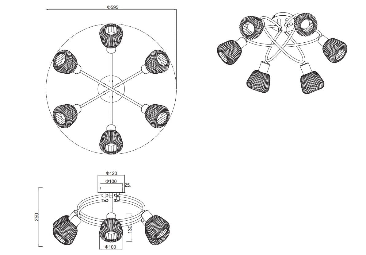 Czarna lampa sufitowa Tarifa z sześcioma oprawami E14. Okrągła podsufitka o średnicy 595 mm, z metalowymi ramionami w kształcie krzyża. Wysokość 250 mm, widoczne detale w formie teksturowanych kloszy.