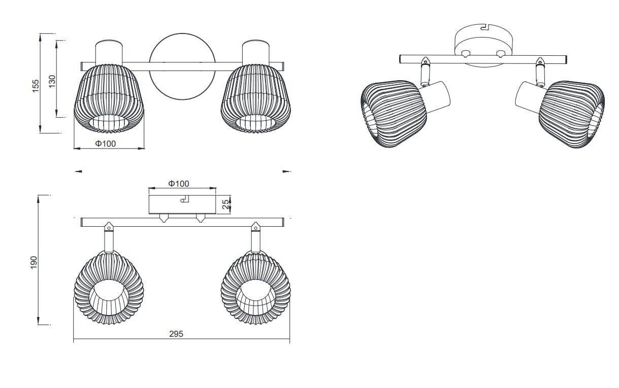 Lampa sufitowa Tarifa w kolorze czarnym, z dwoma reflektorami E14. Okrągła podstawa o średnicy 295 mm, z dwoma kloszami o średnicy 100 mm, umieszczonymi na metalowym stelażu. Klosze mają spiralny wzór, zapewniając stylowe oświetlenie.