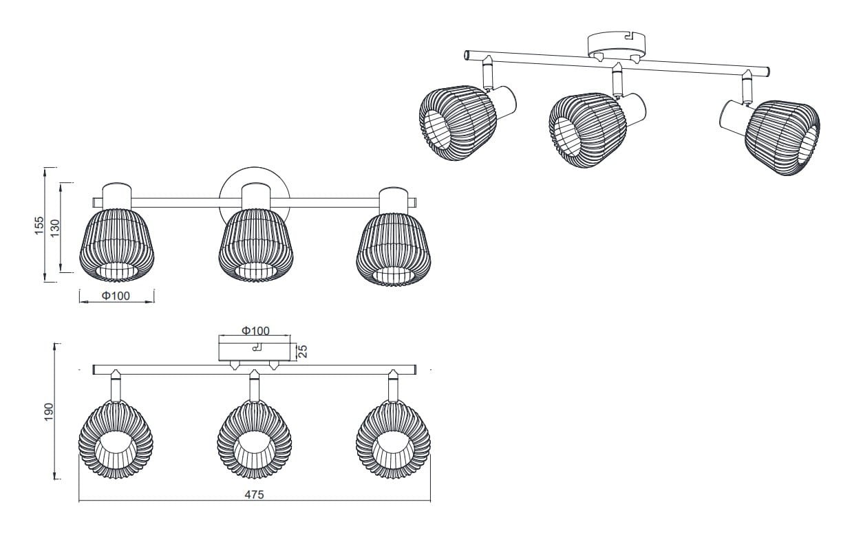 Czarna lampa sufitowa Tarifa z trzema spotami na żarówki E14. Ułożona poziomo, z okrągłymi kloszami o teksturowanej strukturze. Wymiary: długość 475 mm, średnica kloszy 100 mm, wysokość 155 mm. Idealna do nowoczesnych wnętrz.