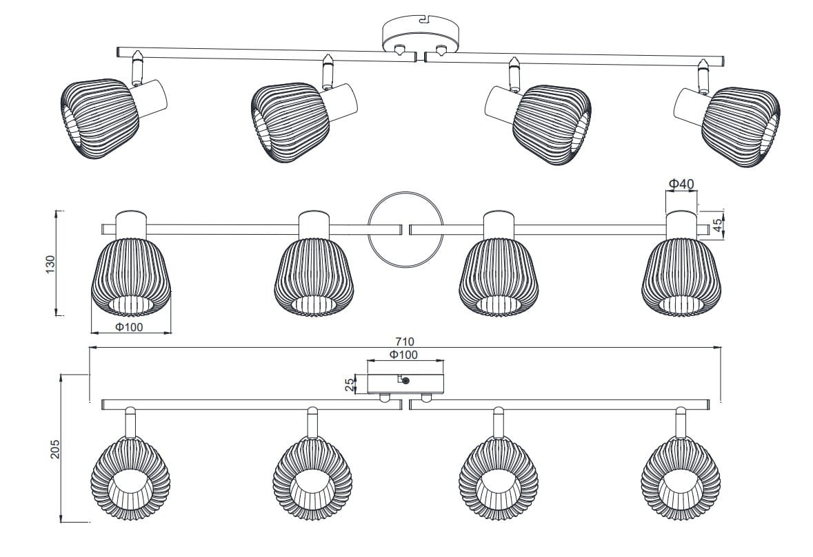 Czarna lampa sufitowa Tarifa z czterema reflektorami E14, z metalową konstrukcją i dekoracyjnymi kloszami w kształcie fal. Ujęcie z boku, pokazujące szczegóły montażu i uchwyt. Wymiary: długość 710 mm, wysokość 130 mm, średnica kloszy 100 mm.