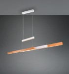 Lampa wisząca Trajan z trzema źródłami LED, o mocy 45W, w kolorze białym z elementami jasnego drewna. Ułożona poziomo, zawieszona na cienkich linkach, z minimalistycznym designem i prostokątnym kształtem, idealna do nowoczesnych wnętrz.
