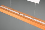 Lampa wisząca Trajan w kolorze białym i jasnego drewna, z trzema diodami LED 45W. Prezentuje prostokątną, minimalistyczną konstrukcję z metalowymi mocowaniami i sznurkiem do zawieszenia, widoczne przyciski w kolorze srebrnym.