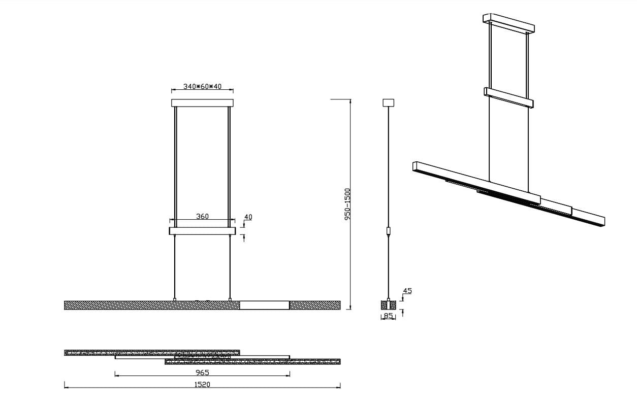 Lampa wisząca Trajan z trzema źródłami LED, biała z jasnym drewnem, o wymiarach 1520 mm x 340 mm x 40 mm. Ujęcie z boku, pokazujące konstrukcję z zawieszeniem oraz wymiarami. Prosty kształt, idealna do nowoczesnych wnętrz.