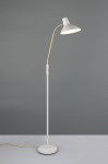 Lampa podłogowa Traveller w kolorze szarym i złotym, z regulowanym kloszem. Stojąca na okrągłej, białej podstawie, z cienką, złotą rurką. Ujęcie frontalne, na jednolitym tle. Element E27, idealna do nowoczesnych wnętrz.