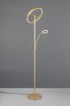 Lampa podłogowa Willis w kolorze złotym, z dwoma źródłami światła LED. Posiada smukły, prosty słup i okrągłą podstawę. Górna lampa ma duży okrąg, a dolna mniejszy, co tworzy nowoczesny design. Ujęcie frontalne na jednolitym tle.