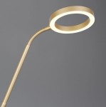 Lampa podłogowa Willis w kolorze złotym, z elastycznym ramieniem i okrągłym kloszem LED. Zbliżenie na górną część lampy, pokazujące jej nowoczesny design. Tło w odcieniach szarości.