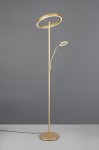 Lampa podłogowa Willis w kolorze złotym z dwoma źródłami światła LED. Posiada okrągłą głowicę oraz elastyczną, mniejszą lampkę boczną. Stojąca na okrągłej podstawie, z kablem zasilającym widocznym na dole. Tło szare, podkreślające elegancki design.