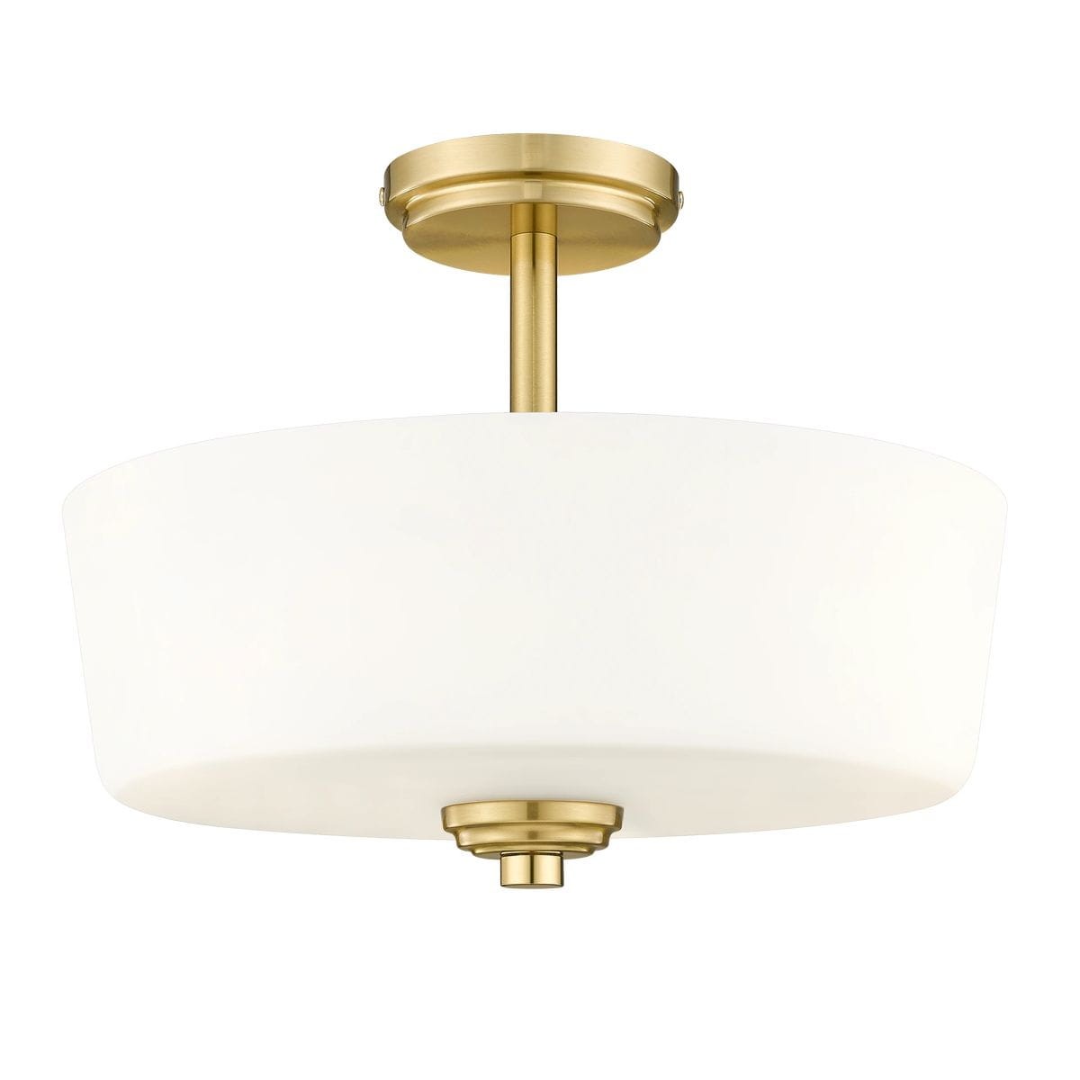 Lampa sufitowa Aspen z mosiądzu i białego szkła, z okrągłym kloszem na 3 żarówki E27. Ujęcie frontalne, montowana na suficie, z eleganckim, minimalistycznym designem. Wymiary klosza i detale montażowe nieczytelne.
