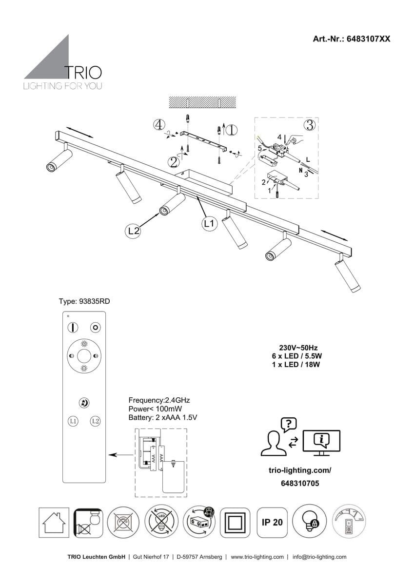 Czarna lampa sufitowa Zeno z pilotem, z sześcioma diodami LED o mocy 5,5W oraz jedną o mocy 18W. Ułożona poziomo, z regulowanymi spotami. Wbudowany system zmiany temperatury barwowej. Proste tło.