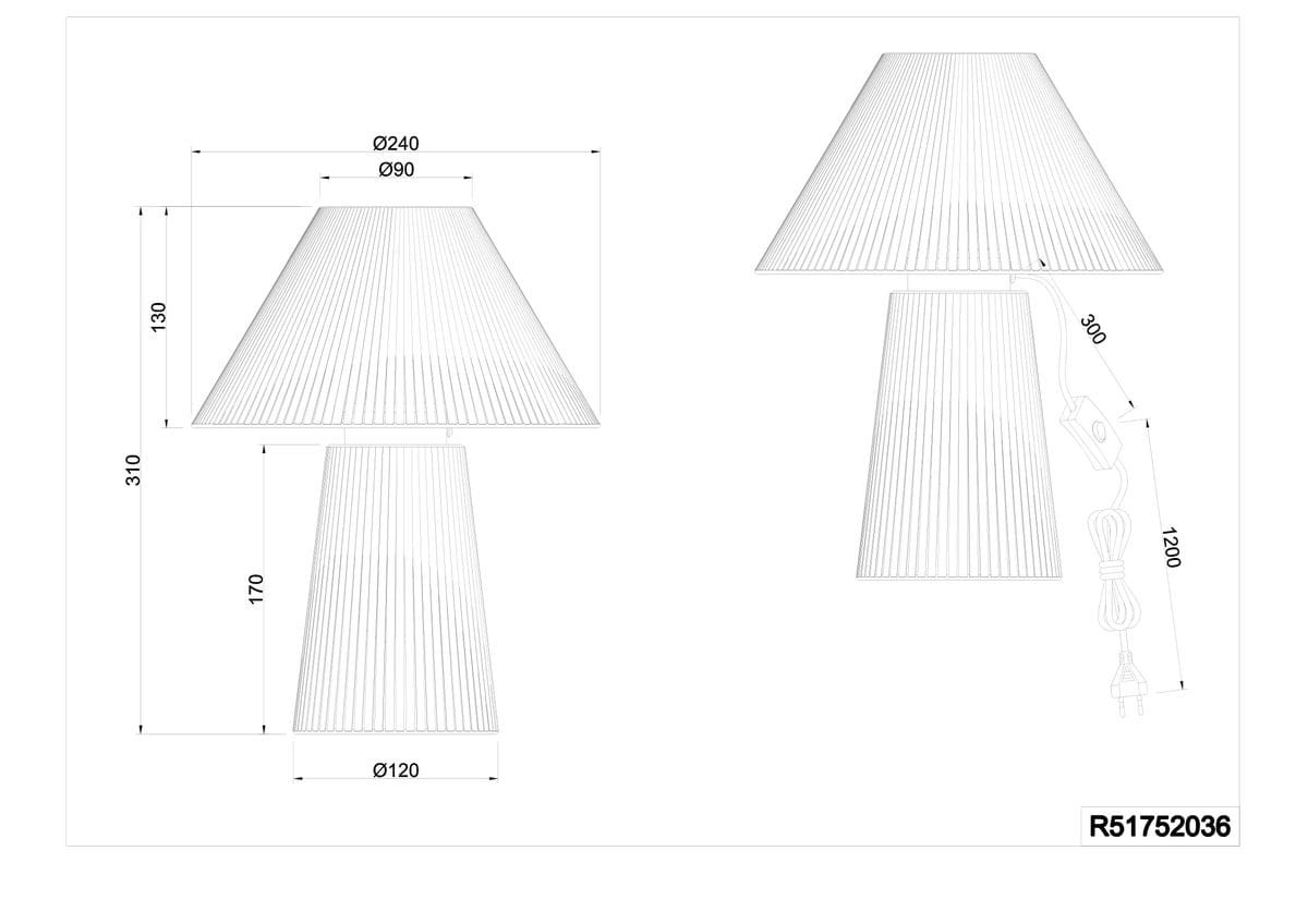 Brązowa lampa stołowa Anea z kloszem w kształcie stożka, z pionowymi rowkami. Wysokość 310 mm, średnica klosza 240 mm. Posiada kabel z włącznikiem o długości 1200 mm. Wykonana z materiałów sztucznych, przeznaczona na żarówkę E27.