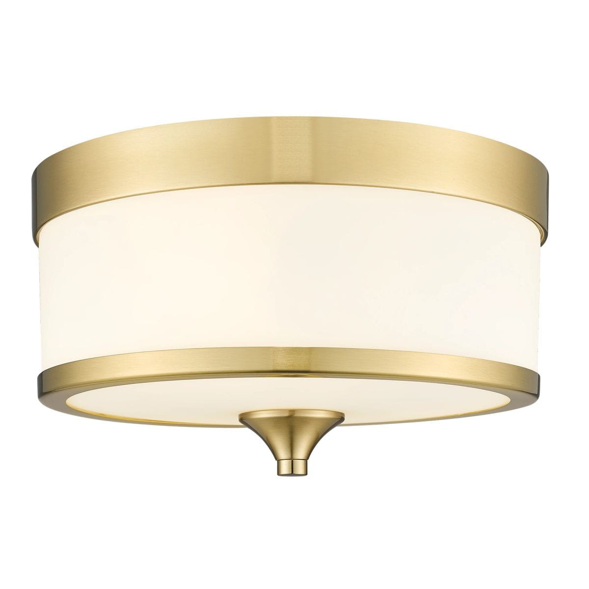 Lampa sufitowa Fleetwood w kolorze mosiądzu i białym, z okrągłym kloszem wykonanym z matowego szkła. Wyposażona w trzy gniazda E27, montowana pod sufitem, z eleganckim wykończeniem i delikatnym detalem w dolnej części.