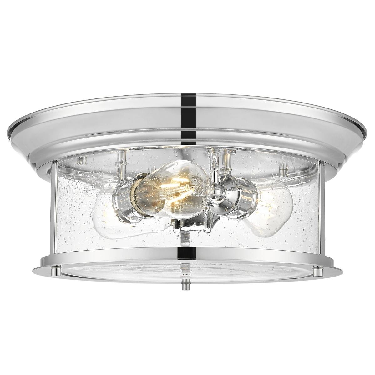 Lampa sufitowa Warwick D39,5 z chromowanym wykończeniem, z przezroczystym kloszem, posiada trzy gniazda E27. Kąt ujęcia z przodu ukazuje elegancki design i detale konstrukcyjne, w tym widoczne żarówki.