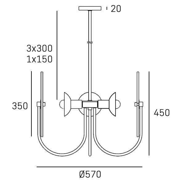 Lampa wisząca Modena w kolorze mosiądzu, z czterema gniazdami E27. Owalne ramiona z metalowymi detalami, wysokość 450 mm, średnica 570 mm. Uchwyt sufitowy o średnicy 20 mm. Idealna do nowoczesnych wnętrz.