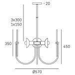 Lampa wisząca Modena w kolorze mosiądzu, z czterema gniazdami E27. Owalne ramiona z metalowymi detalami, wysokość 450 mm, średnica 570 mm. Uchwyt sufitowy o średnicy 20 mm. Idealna do nowoczesnych wnętrz.