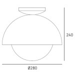Lampa sufitowa Modena w kolorze mosiądzu, z okrągłym kloszem o średnicy 280 mm i wysokości 240 mm, montowana na suficie. Prosty, nowoczesny design z jedną oprawą na żarówkę G9.