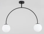 Lampa wisząca Bendo w kolorze czarnym, z dwiema kulistymi kloszami w białym, matowym szkło. Konstrukcja z metalowym łukiem, zawieszona na suficie. Używa dwóch żarówek E14. Prosty, nowoczesny design, idealna do wnętrz.