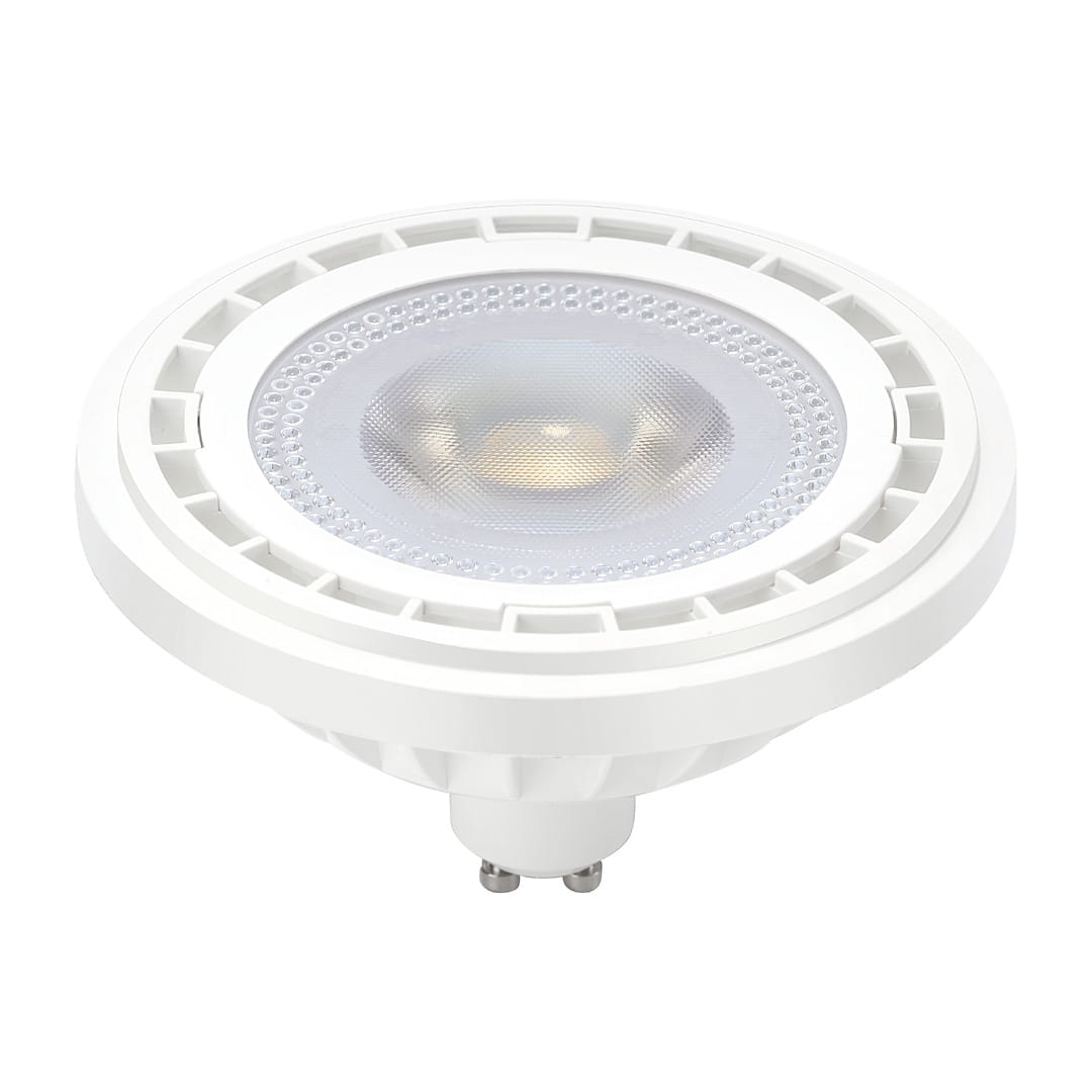 Żarówka LED AR111 z gwintem GU10, moc 12W, barwa biała (4000K). Okrągły kształt, biała obudowa, przezroczysta soczewka z teksturą. Umieszczona w pozycji stojącej, widoczna z góry, z wyraźnie zaznaczonym elementem mocującym.