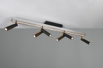 Lampa sufitowa Zeno z pilotem, składająca się z sześciu czarnych reflektorów LED na aluminiowej szynie. Reflektory mają okrągłe końcówki, a całość zamontowana jest na czarnej podstawie. Lampa emituje światło w różnych odcieniach dzięki funkcji CCT.