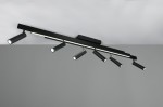 Lampa sufitowa Zeno w kolorze czarnym z siedmioma ruchomymi punktami świetlnymi LED. Ujęcie z góry, z zamontowaną listwą. Lampa z pilotem, z dodatkowym paskiem LED wzdłuż. Wysoka funkcjonalność oświetlenia, idealna do nowoczesnych wnętrz.