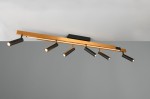 Lampa sufitowa Zeno z pilotem, złożona z czterech cylindrycznych punktów świetlnych w kolorze czarnym, umieszczonych na złotej, prostokątnej belce. Montaż na suficie, nowoczesny design. Wymiary i detale techniczne nieczytelne.