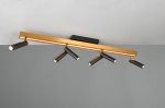 Lampa sufitowa Zeno z pilotem, składająca się z metalowej listwy w kolorze złotym z czarnymi reflektorami LED. Produkt zamontowany na suficie, z trzema regulowanymi źródłami światła w formie spotów.