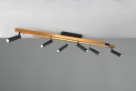Lampa sufitowa Zeno z pilotem, składająca się z pięciu czarnych punktów świetlnych na złotej belce. Prosta, nowoczesna konstrukcja, zamontowana na ciemnym stelażu, idealna do oświetlenia wnętrz.