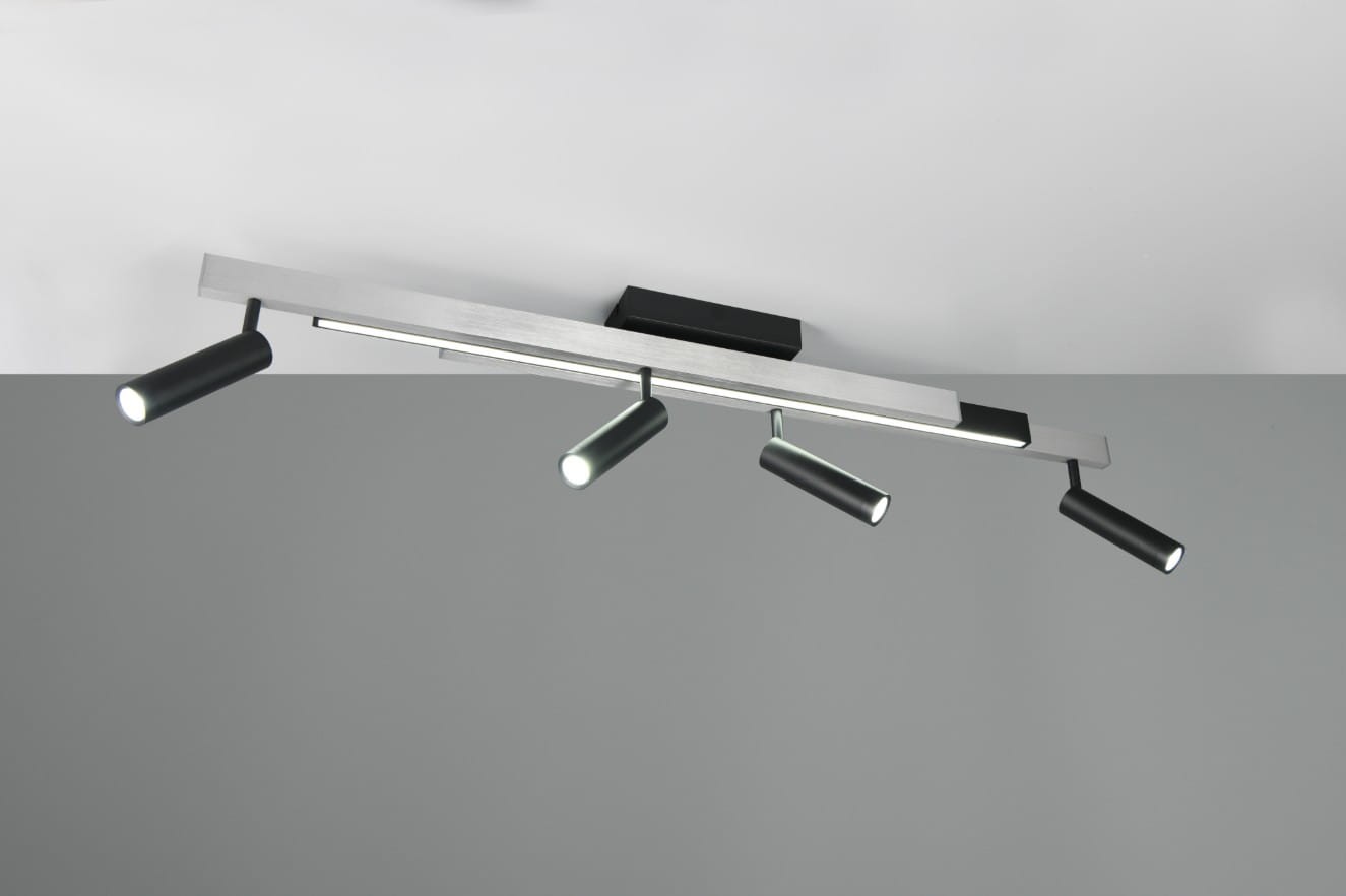 Lampa sufitowa Zeno w kolorze czarnym i aluminium z pięcioma reflektorami LED o mocy 34W, montowana na suficie. Reflektory są w pozycji poziomej, skierowane w różnych kierunkach, a lampa wyposażona jest w pilot do zdalnego sterowania.