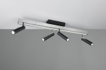 Lampa sufitowa Zeno w kolorze czarnym i aluminiowym z pięcioma reflektorami LED o mocy 34W. Ujęcie z góry, montowana na suficie, z pilotem do zdalnego sterowania. Reflektory mają cylindryczny kształt, emitując jasne światło.