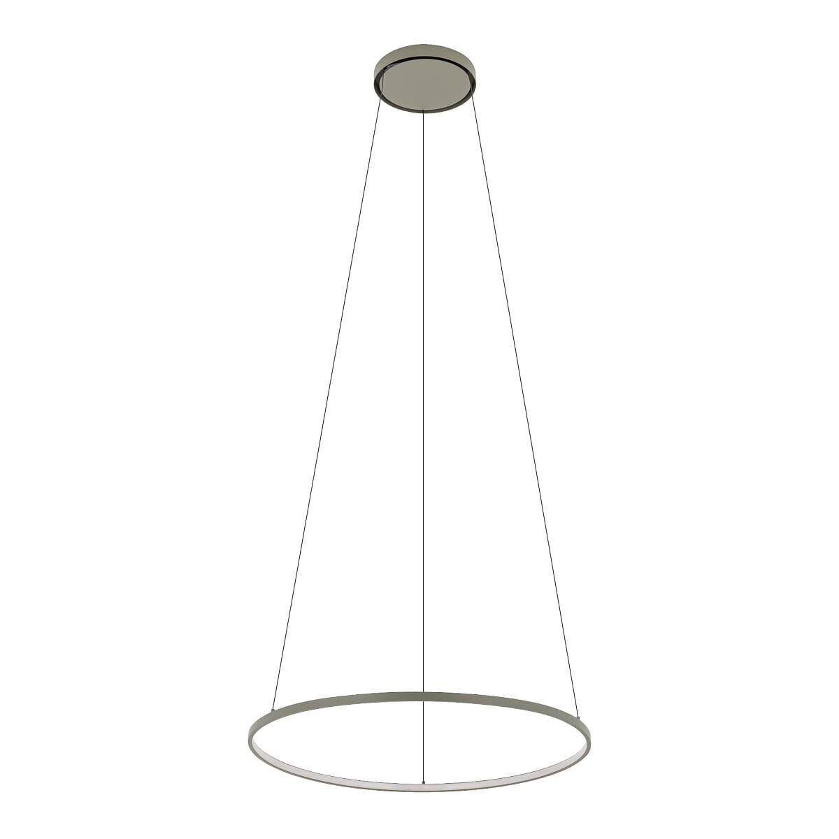 Lampa wisząca Circolo D60 w kolorze oliwkowym, z pojedynczym źródłem światła LED o mocy 21W i barwie 3000K. Prezentowana w pozycji wiszącej, z okrągłym kloszem i cienkimi przewodami. Tło białe, co podkreśla minimalistyczny design.