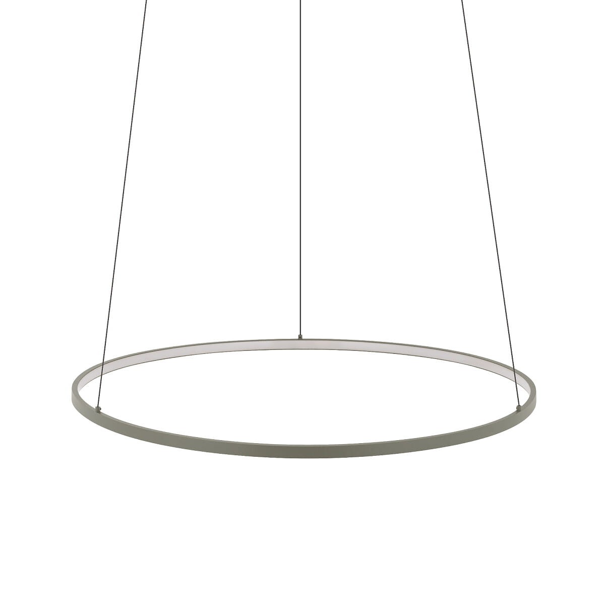 Lampa wisząca Circolo D60 w kolorze oliwkowym, wykonana z metalu, o okrągłym kształcie. Zawieszona na cienkich linkach. Źródło światła LED 21W, temperatura barwowa 3000K. Widać minimalistyczny design, bez dodatkowych zdobień.