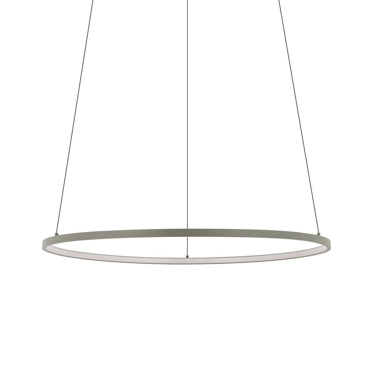 Lampa wisząca Circolo D60 w kolorze oliwkowym, okrągła konstrukcja z wbudowanym źródłem LED (21W, 3000K). Zawieszona na cienkich linkach, prezentowana w widoku frontalnym. Prosty, nowoczesny design, idealna do różnych wnętrz.