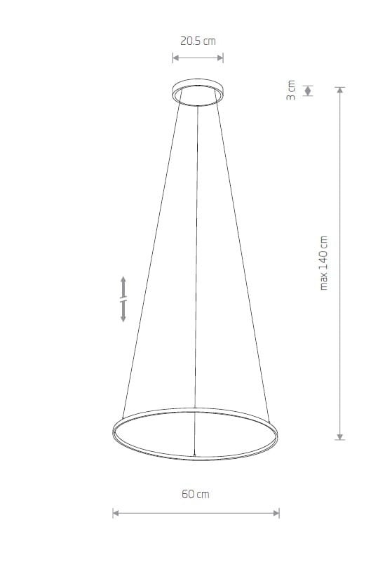 Lampa wisząca Circolo D60 w kolorze oliwkowym, z jednym źródłem światła LED o mocy 21W i temperaturze barwowej 3000K. Kształt stożkowy, średnica 60 cm, wysokość regulowana do 140 cm, z minimalistycznym mocowaniem sufitowym.