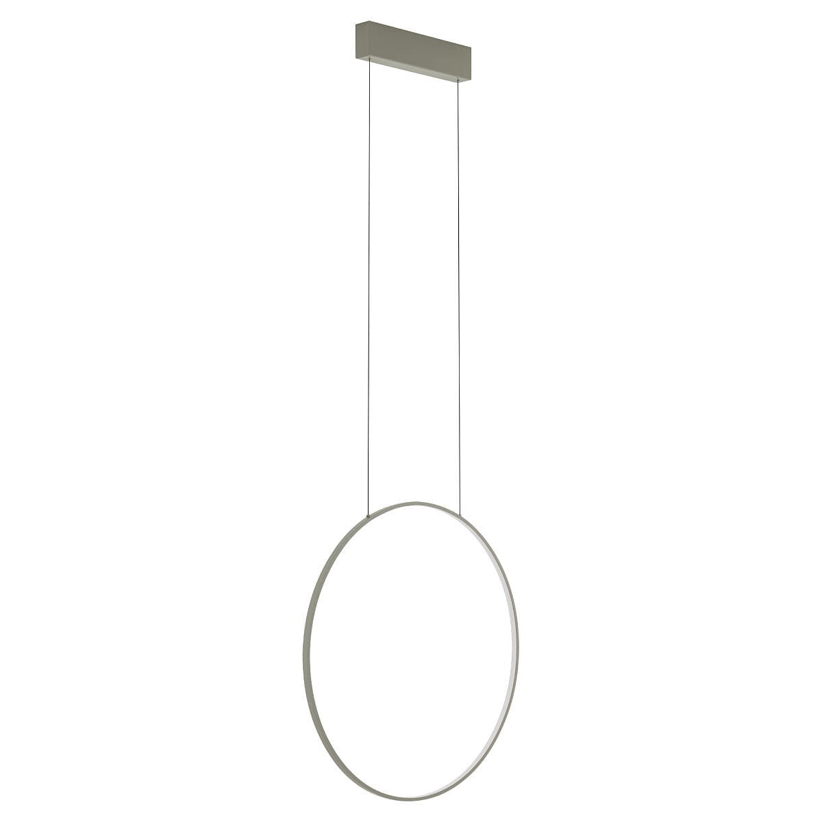 Lampa wisząca Circolo D60 w kolorze oliwkowym, z okrągłym, cienkim pierścieniem, zawieszona na cienkich linkach. Posiada źródło światła LED o mocy 21W i temperaturze barwowej 3000K. Montaż sufitowy, minimalistyczny design.