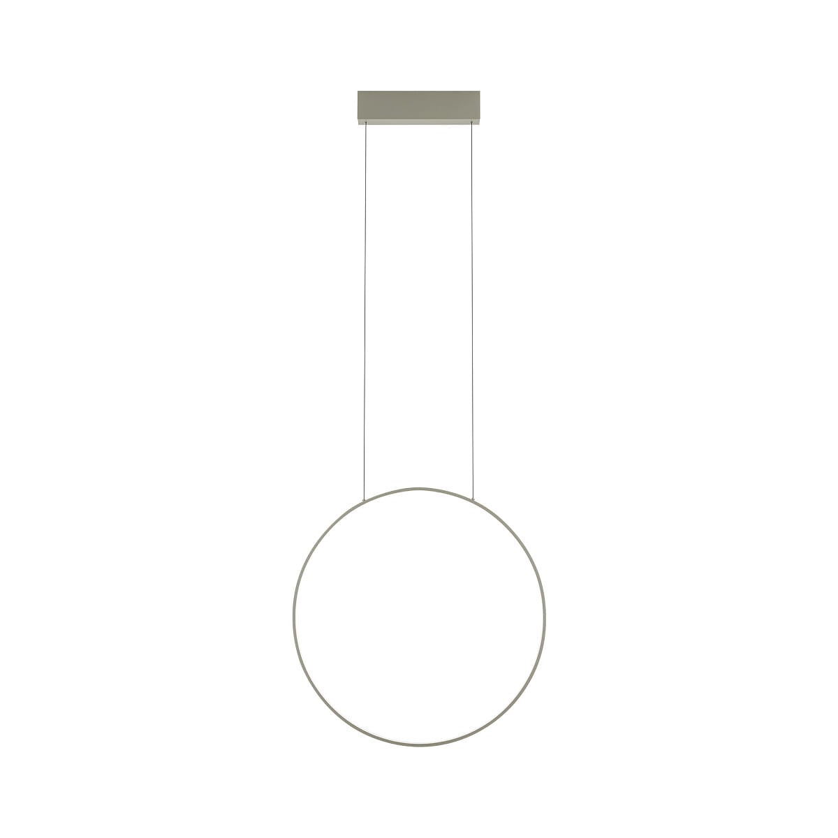 Lampa wisząca Circolo D60 w kolorze oliwkowym, z okrągłym, minimalistycznym kloszem. Zamocowana na prostokątnej podstawie, z zawieszeniem na dwóch cienkich linkach. Źródło światła LED o mocy 21W i temperaturze barwowej 3000K.