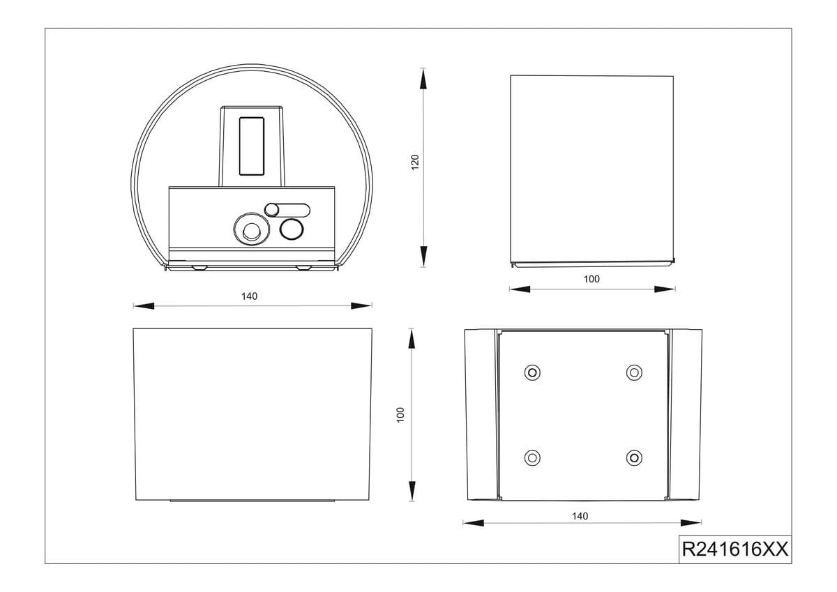 Genie kinkiet zewnętrzny w kolorze białym, z czujnikiem ruchu, o wymiarach 140x120 mm. Posiada dwa źródła światła LED o mocy 2W. Kształt prostokątny, zamontowany do ściany, z widocznymi przyciskami na obudowie. Klasa szczelności IP44.
