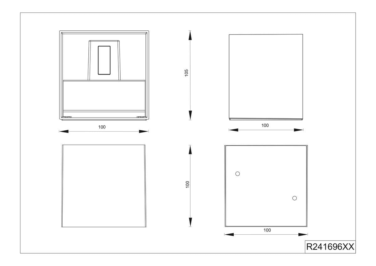 Kinkiet zewnętrzny Genie z czujnikiem ruchu, tytanowy, wymiar 100x105 mm. Posiada dwa źródła światła LED o mocy 2W oraz klasę szczelności IP44. Prosty, kwadratowy kształt, widoczne otwory montażowe z tyłu.