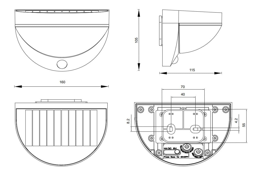 Cobre kinkiet zewnętrzny czarny, półokrągły, z czujnikiem ruchu. Wymiary: 160 mm szerokości, 105 mm wysokości. Wyposażony w 1xLED/8W, stopień ochrony IP44. Widok z przodu, bocznie i z góry. Widoczne otwory montażowe, struktura z pionowymi żeberkami.