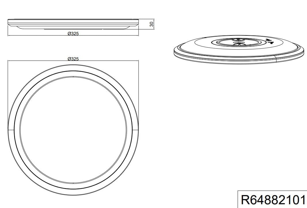 Plafon Cora 2xLED/12,2W w kolorze białym, okrągły kształt o średnicy 325 mm i wysokości 30 mm. Widoczny detal mocowania oraz logo producenta. Produkt ukazany z góry oraz z boku.