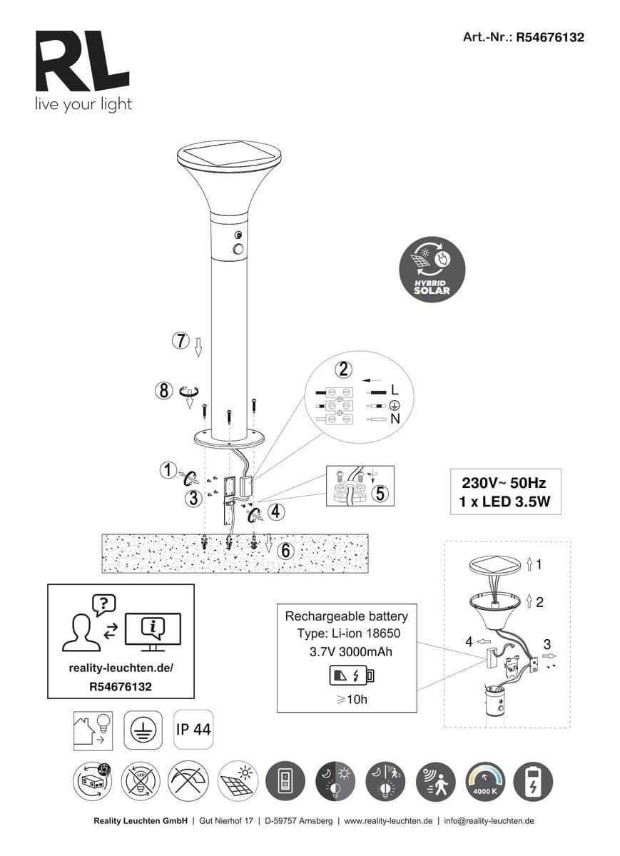 Lampa stojąca ogrodowa Gorda H50 w kolorze czarnym z czujnikiem ruchu, zasilana energią słoneczną, LED 3,5W, klasyfikacja IP44. Posiada okrągłą, płaską głowicę i prostą, pionową konstrukcję.