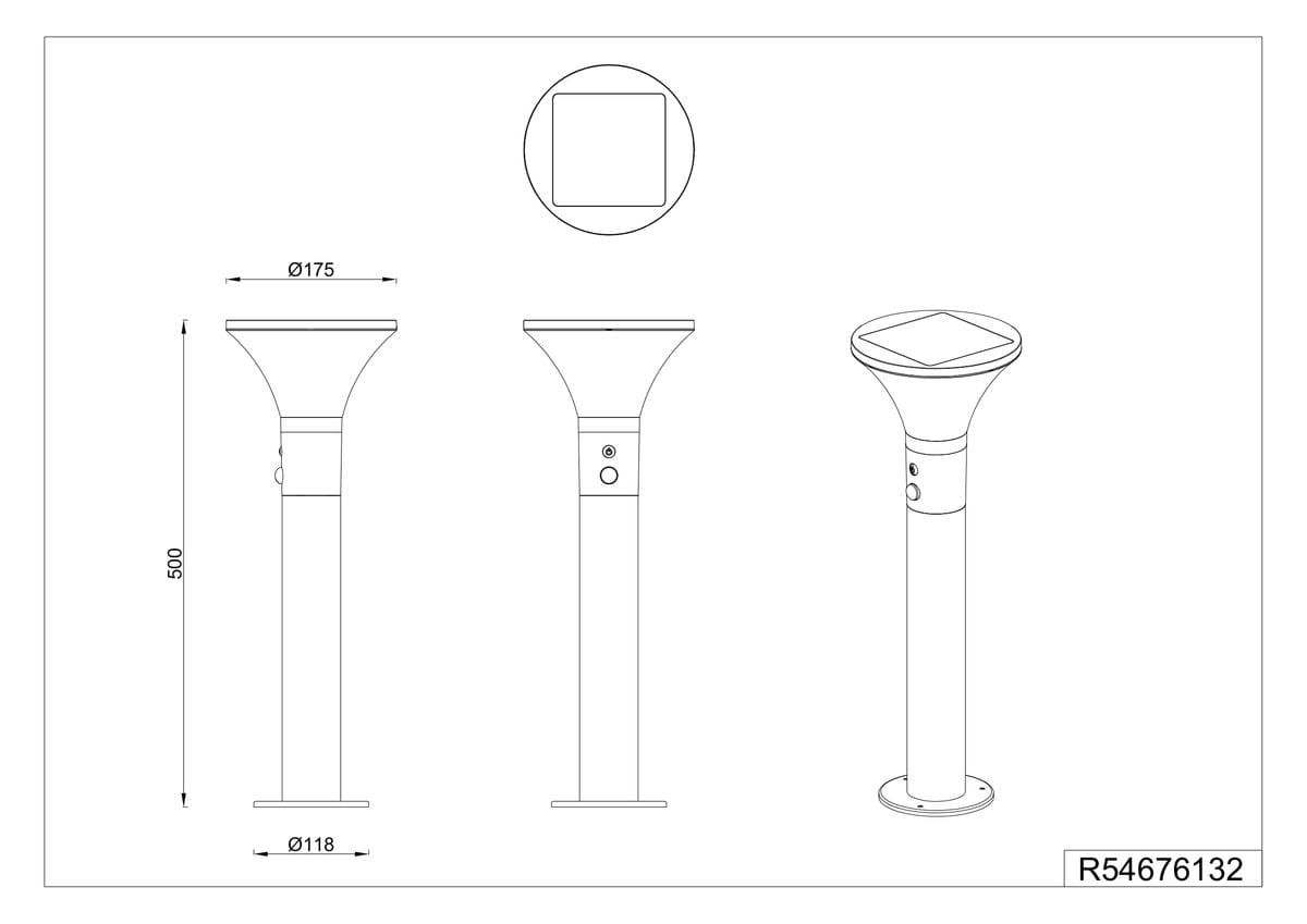 Lampa stojąca ogrodowa Gorda H50, czarna, z czujnikiem ruchu, wysokość 500 mm, średnica podstawy 118 mm, górna część w kształcie stożka z panelem solarnym. Oświetlenie LED 1x3,5W, stopień ochrony IP44.