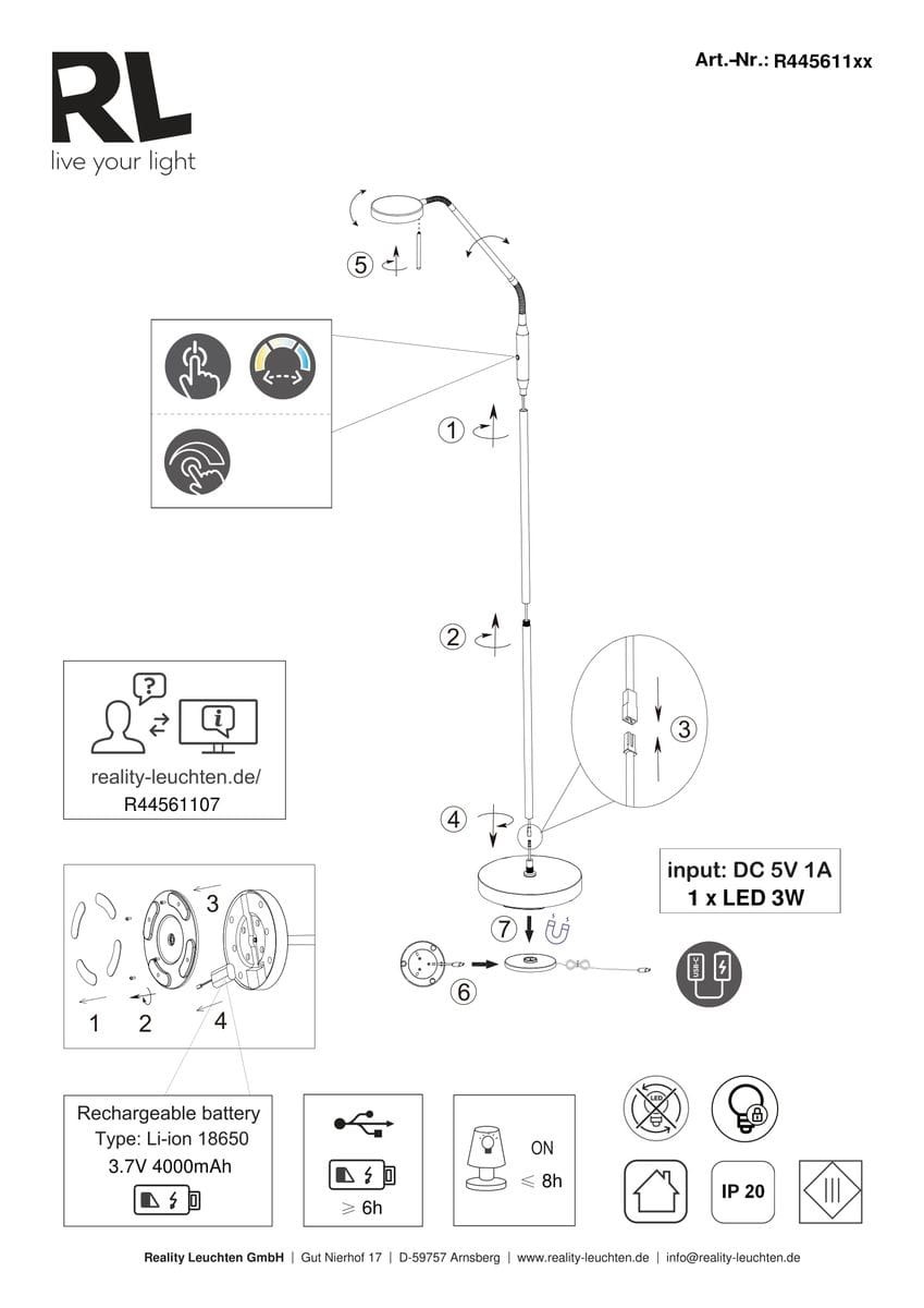 Lampa podłogowa Moreno w kolorze niklowym, z jedną żarówką LED o mocy 3W. Posiada elastyczny ramie i okrągłą głowicę, umożliwiającą regulację kąta świecenia. Zasilana akumulatorem, idealna do nowoczesnych wnętrz.