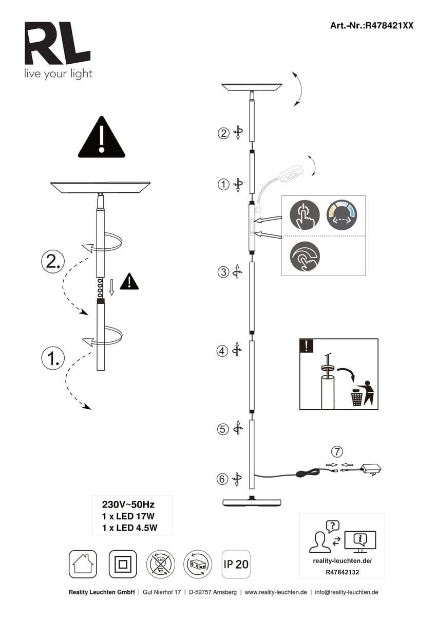Lampa podłogowa Specter w kolorze białym, z dwoma źródłami światła LED o mocy 21,5W. Posiada prostą, smukłą konstrukcję z okrągłą podstawą i regulowanym kloszem. Ujęcie frontalne, na jednolitym tle.