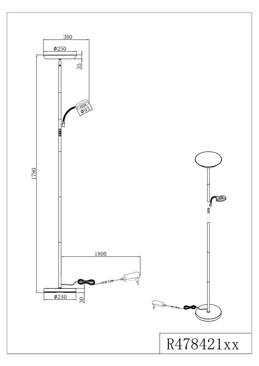 Lampa podłogowa Specter z dwoma źródłami LED, moc 21,5W, biała. Stojąca konstrukcja z okrągłą podstawą o średnicy 240 mm i kloszem 250 mm. Wysokość 1800 mm, z regulowanym ramieniem do kierunkowego oświetlenia. Kabel zasilający widoczny.
