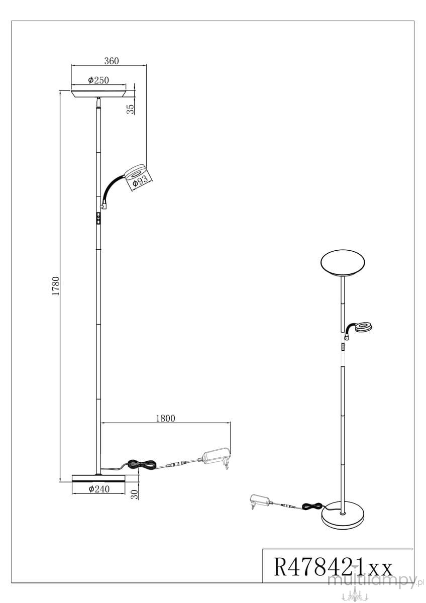 Lampa podłogowa Specter w kolorze czarnym, z dwoma źródłami światła LED o mocy 21,5W. Prosta konstrukcja z okrągłą podstawą o średnicy 240 mm i regulowanym ramieniem. Wysokość całkowita 1800 mm, z górnym kloszem o średnicy 250 mm.